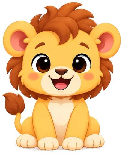 Lio, the Kidlio lion cub, sitting and smiling